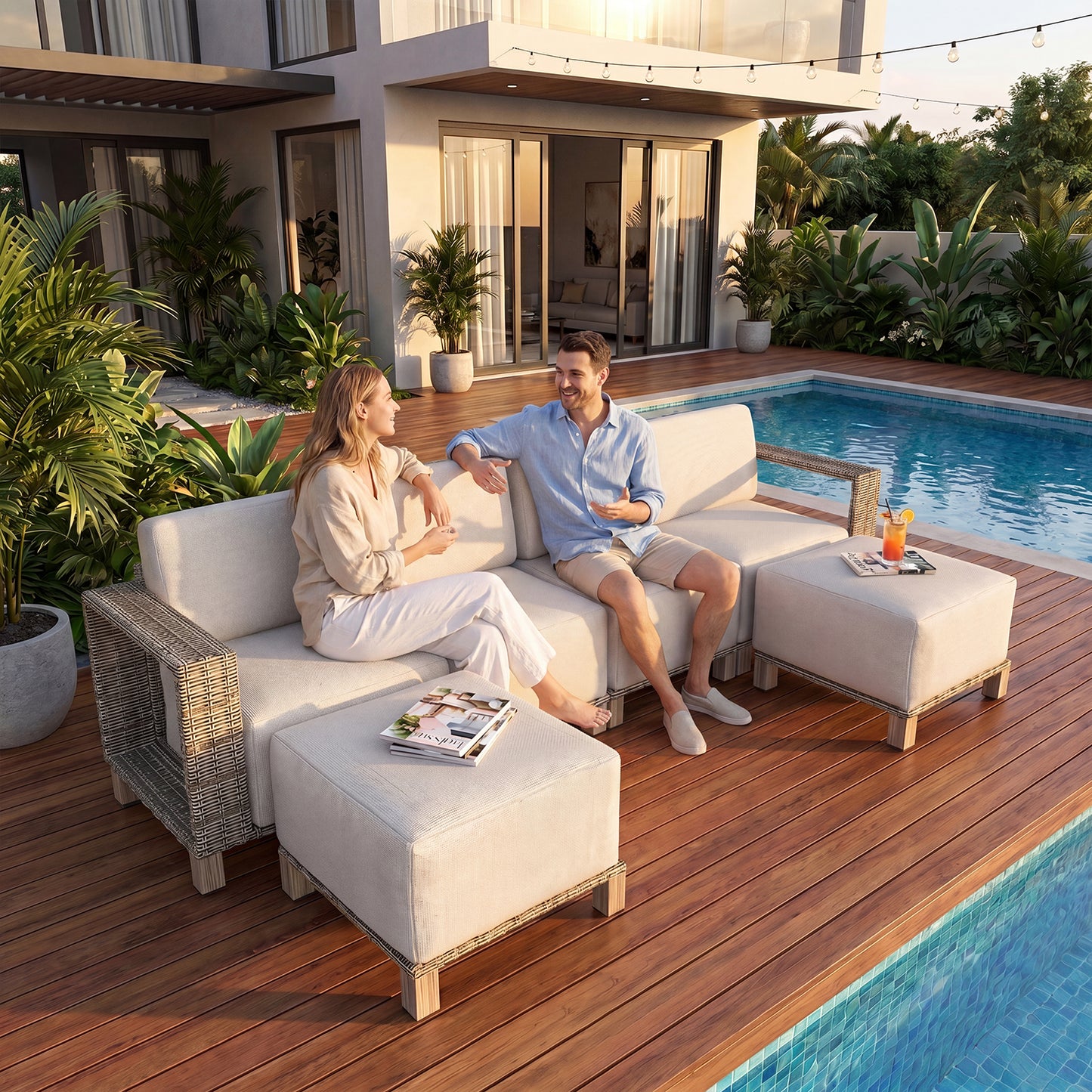 Clouddwell 6-Piece Wicker Patio Furniture Set, Indoor Sectional Conversation Sofa with 2 Ottomans, Beige