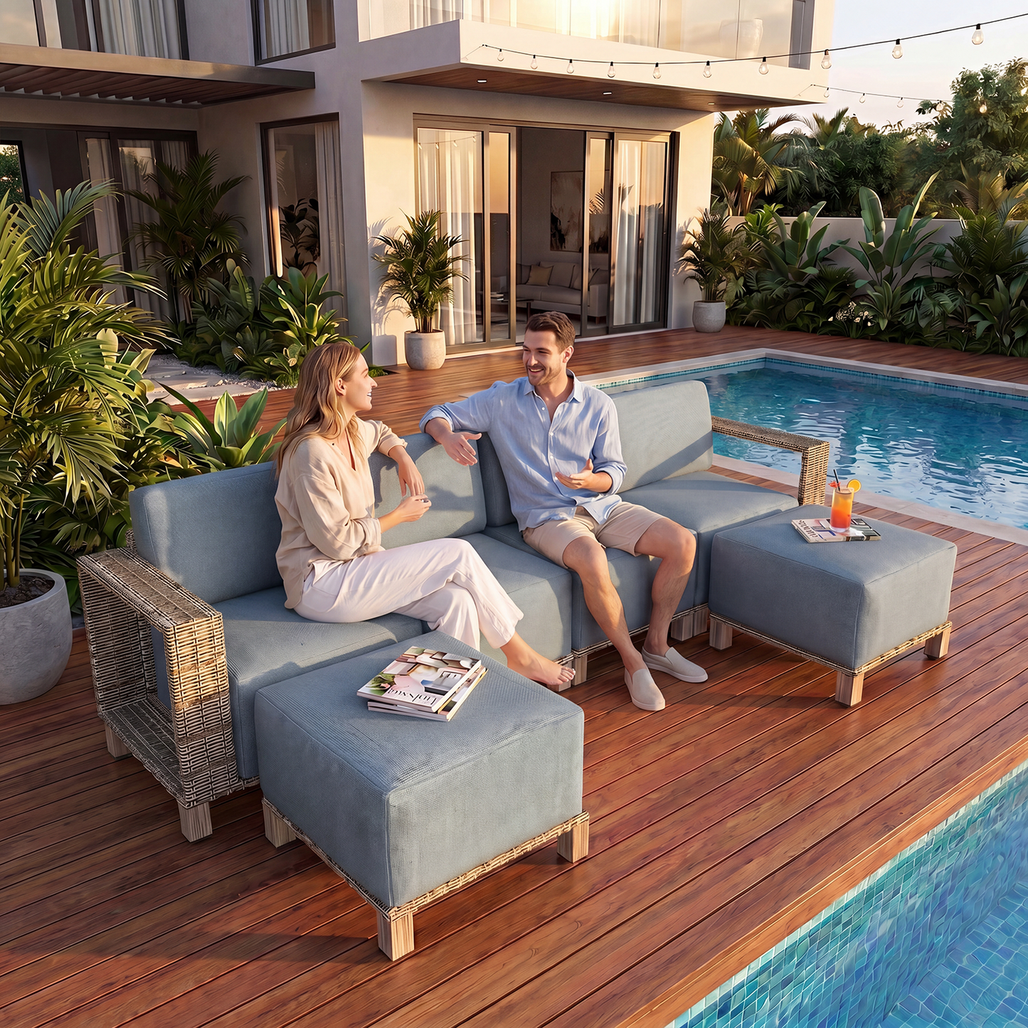 Clouddwell 6-Piece Wicker Patio Furniture Set, Indoor Sectional Conversation Sofa with 2 Ottomans, Blue