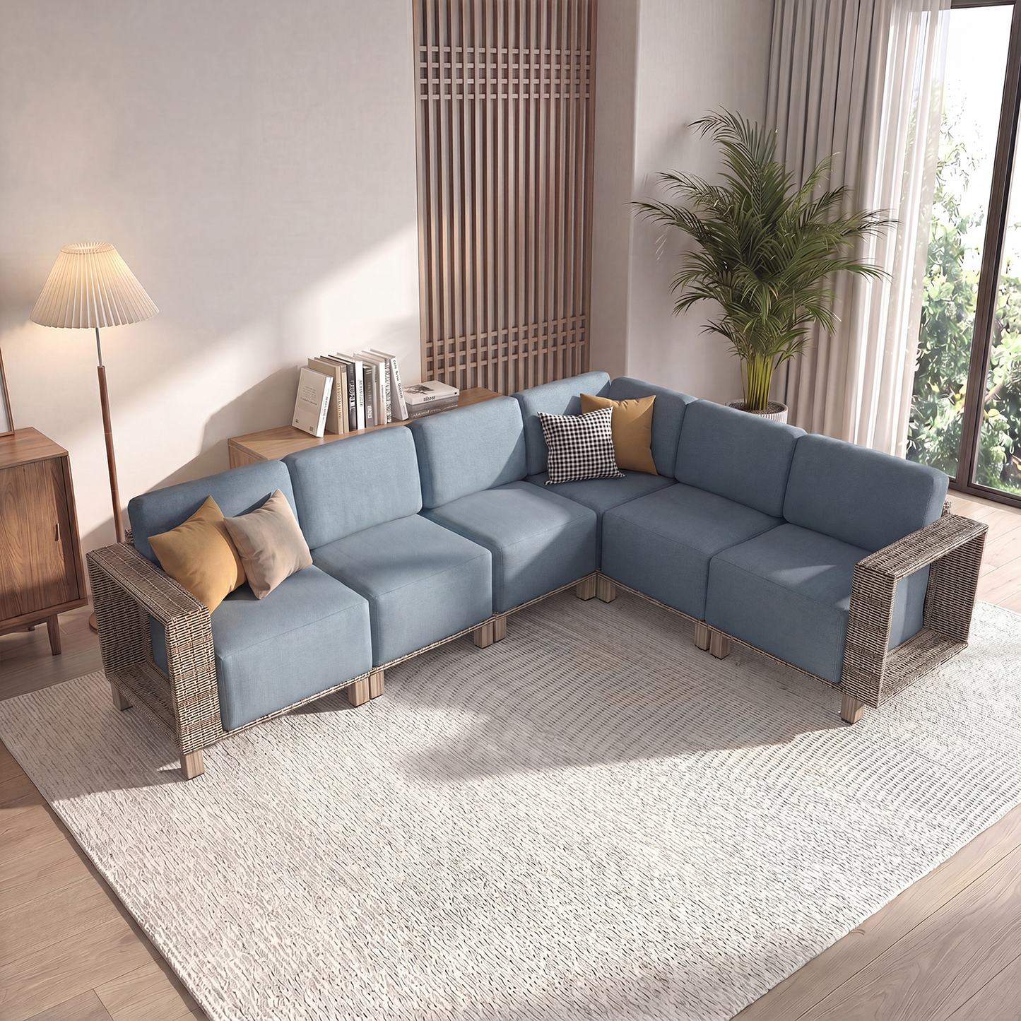 Clouddwell 6-Piece L-Shaped Wicker Patio Set, Indoor Sectional Sofa with Blue Cushions