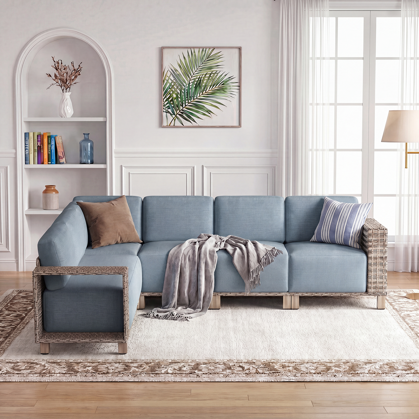 Clouddwell 6-Piece L-Shaped Wicker Patio Set, Indoor Sectional Sofa with Blue Cushions