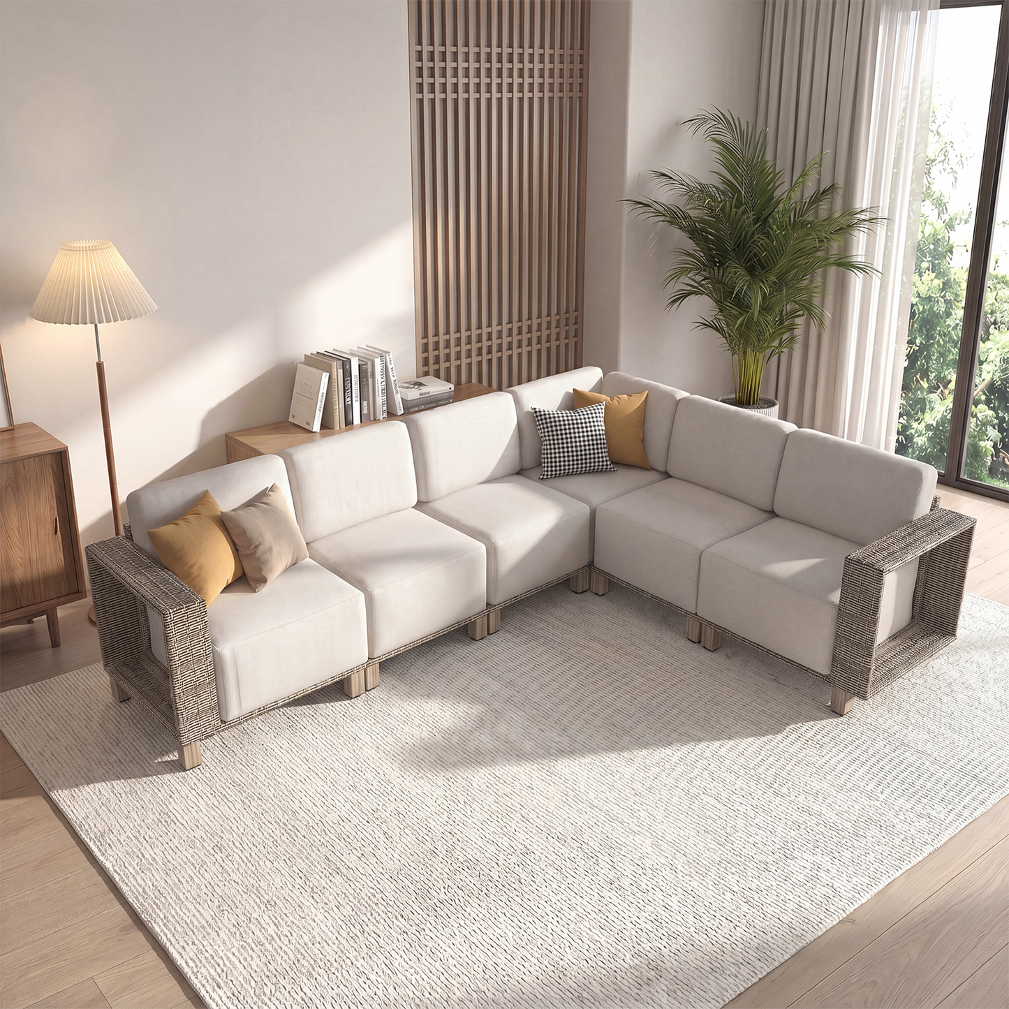 Clouddwell 6-Piece L-Shaped Wicker Patio Set,Indoor Sectional Sofa with Beige Cushions