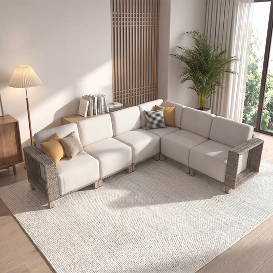 Clouddwell 6-Piece L-Shaped Wicker Patio Set,Indoor Sectional Sofa with Beige Cushions