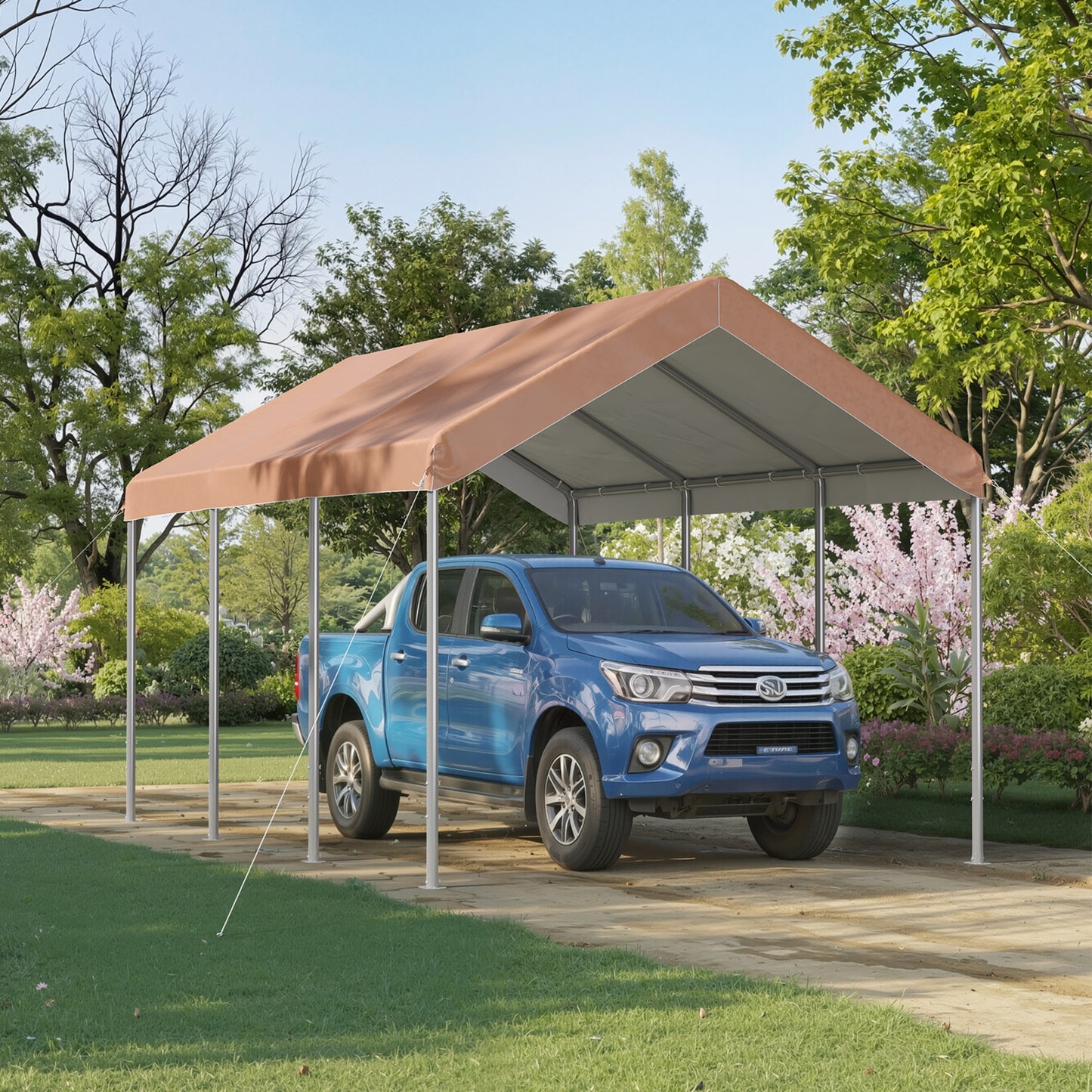 Aoxun 10x15 ft Heavy Duty Carport Canopy, Potable Car Canopy with Adjustable Height, Outdoor Carport Shelter Portable Garage with Reinforced Frame for Cars, Boats, Trucks, Khaki