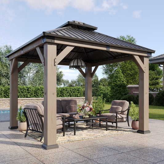 Aoxun 10' x 10' Outdoor Wood Gazebo, Hardtop Gazebo Permanent Wooden Pavilion with Galvanized Steel Double Roof, for Patio, Garden, Deck, Cedar Wood