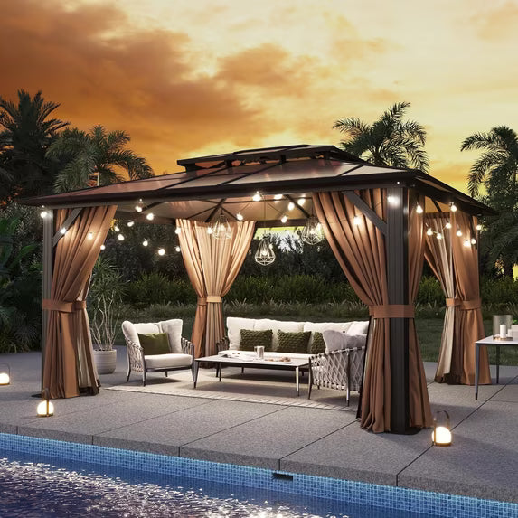 Aoxun 10' x 12' Hardtop Gazebo, Double Polycarbonate Roof Aluminum Frame Gazebo W/Curtain and Netting, and LED Outdoor Waterproof Hanging Lights,Brown