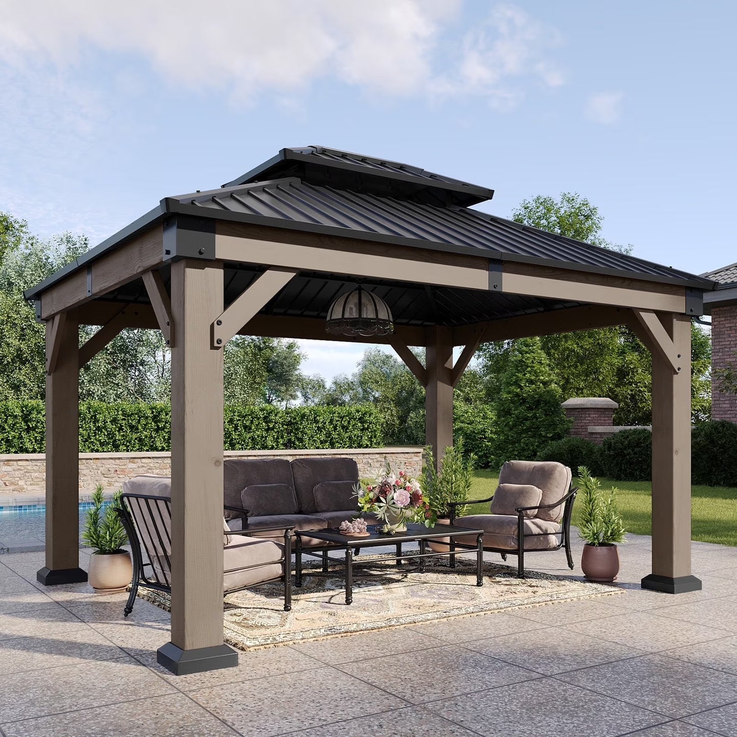 Aoxun 10' x 12' Outdoor Wood Gazebo, Hardtop Gazebo Permanent Wooden Pavilion with Galvanized Steel Double Roof, for Patio, Garden, Deck, Cedar Wood