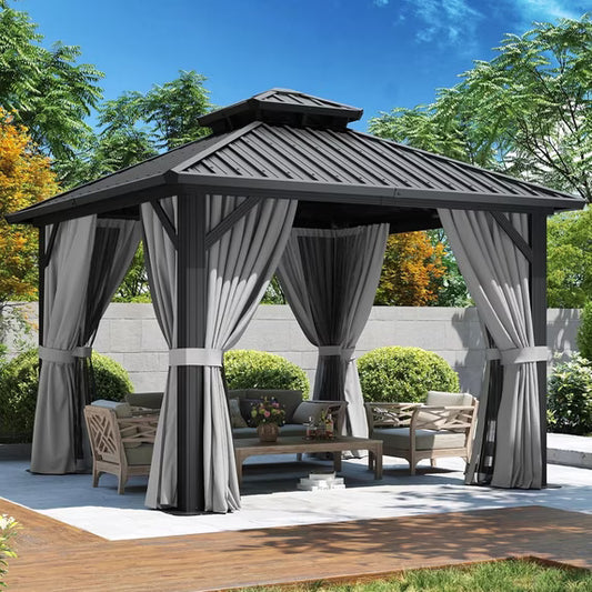 Aoxun 10'x10' Hardtop Gazebo, Aluminum Frame Canopy with Double Galvanized Steel Roof, Outdoor Metal Pavilion with Netting, Curtains for Backyard, Patio and Deck