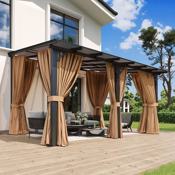 Aoxun 10'x14' Lean to Gazebo with Mosquito Net and Curtains, Aluminum Frame, Polycarbonate Panel, Wall Mounted Pergola with Sloped Roof for Backyard, Porch, Deck