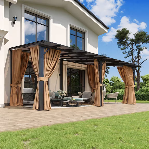 Aoxun 10'x20' Lean to Gazebo with Mosquito Net and Curtains, Aluminum Frame, Polycarbonate Panel, Wall Mounted Pergola with Sloped Roof for Backyard, Porch, Deck