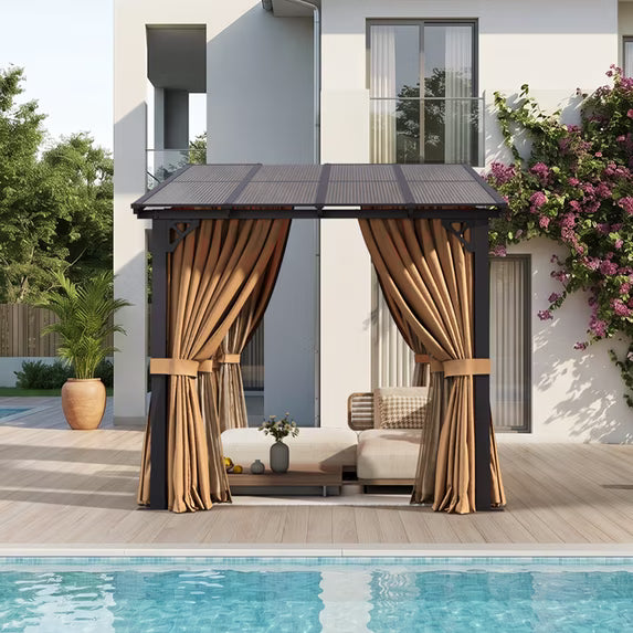 Dateyes 8‘x10’ Wall-Mounted Patio Gazebo with Durable Polycarbonate Roof, Full Bug Screens & Privacy Panels