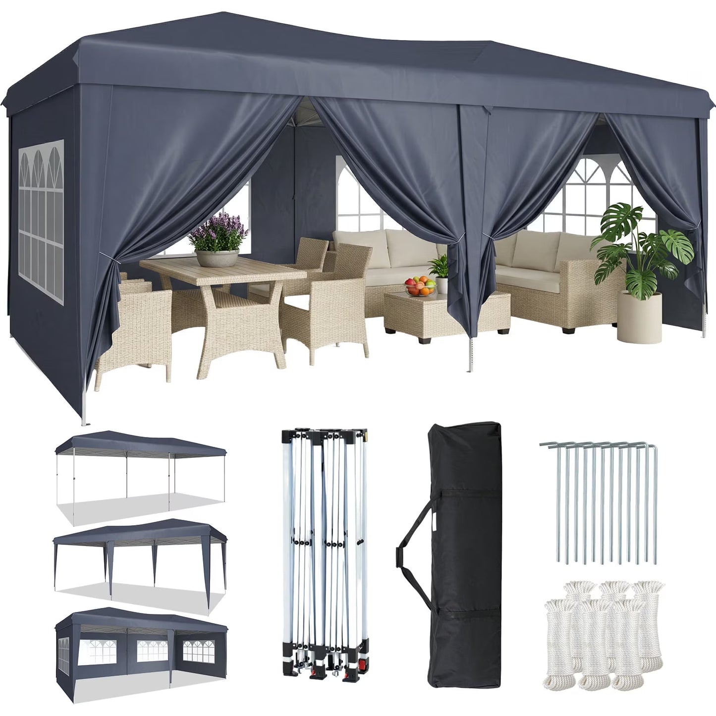 Aoxun 10x20 Pop Up Canopy Tent with 6 Removable Sidewalls, Instant Setup Party Tent Waterproof Outdoor Canopy Featuring 3 Adjustable Heights, Portable Shelter for Parties, Weddings, Commercial