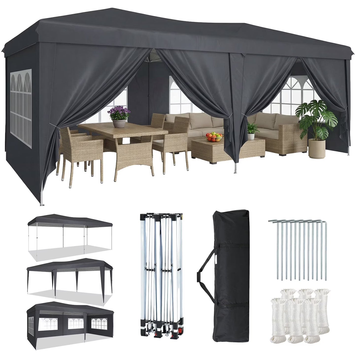 Aoxun 10x20 Pop Up Canopy Tent with 6 Removable Sidewalls, Instant Setup Party Tent Waterproof Outdoor Canopy Featuring 3 Adjustable Heights, Portable Shelter for Parties, Weddings, Commercial