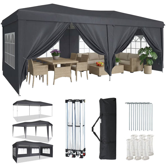 Aoxun 10x20 Pop Up Canopy Tent with 6 Removable Sidewalls, Instant Setup Party Tent Waterproof Outdoor Canopy Featuring 3 Adjustable Heights, Portable Shelter for Parties, Weddings, Commercial