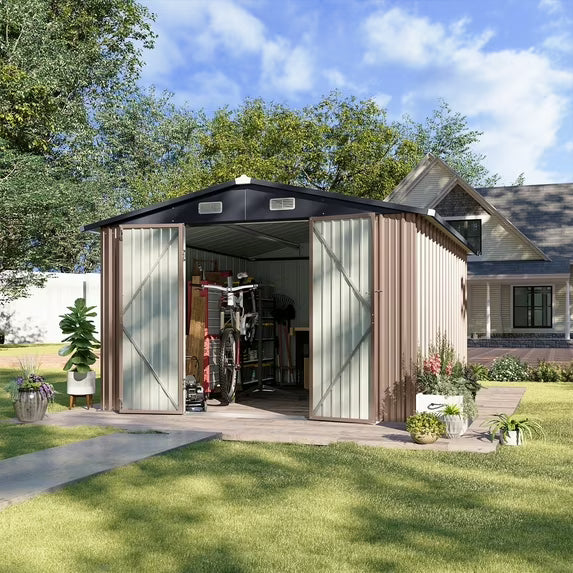 Aoxun 11.9x9.5 ft Outdoor Storage Shed, Galvanized Metal Shed with Lockable Door, Air Vents for Garden, Backyard, Brown