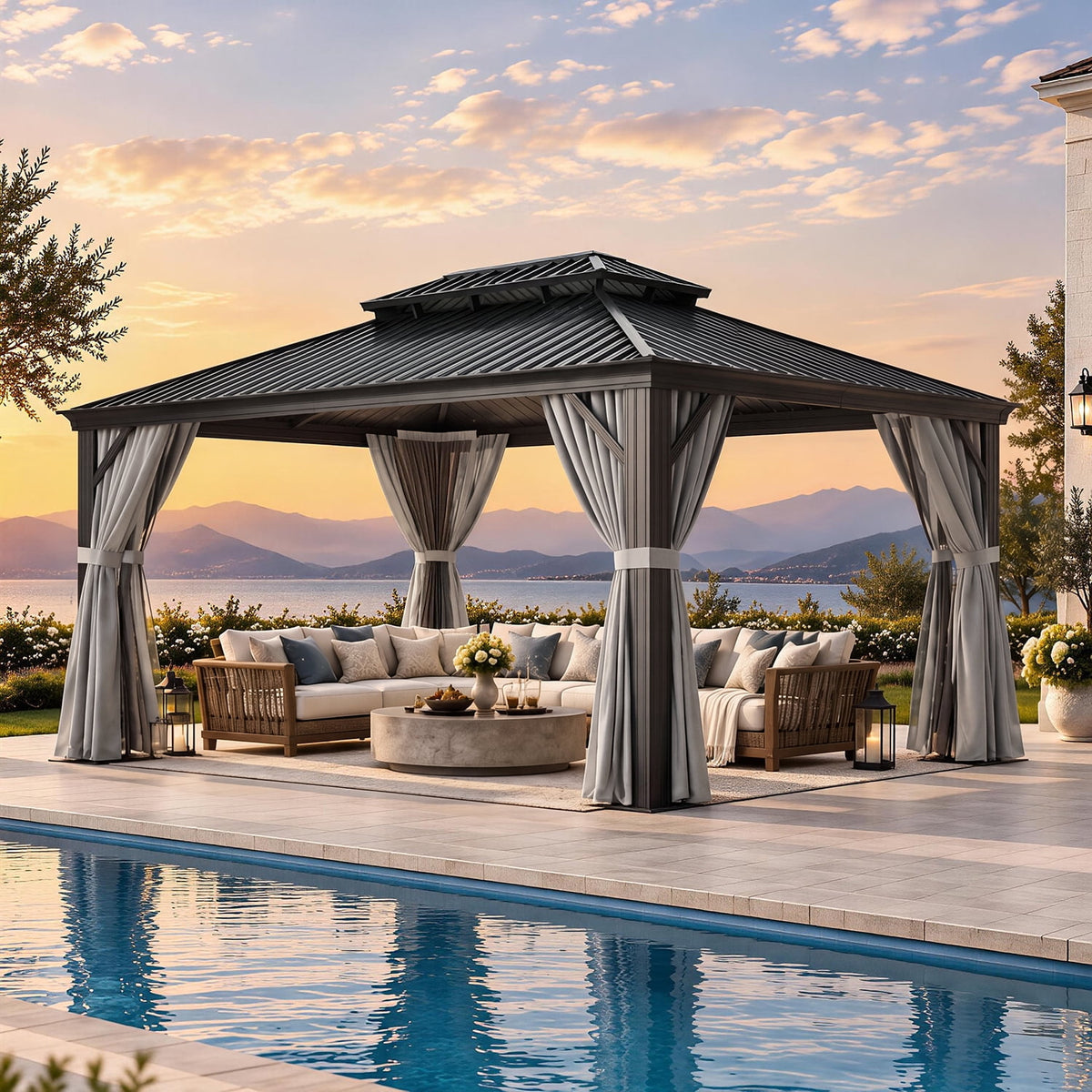 Sunmthink 12' x 16' Outdoor Hardtop Gazebo, Galvanized Steel Double Roof Gazebo with Curtain and Netting