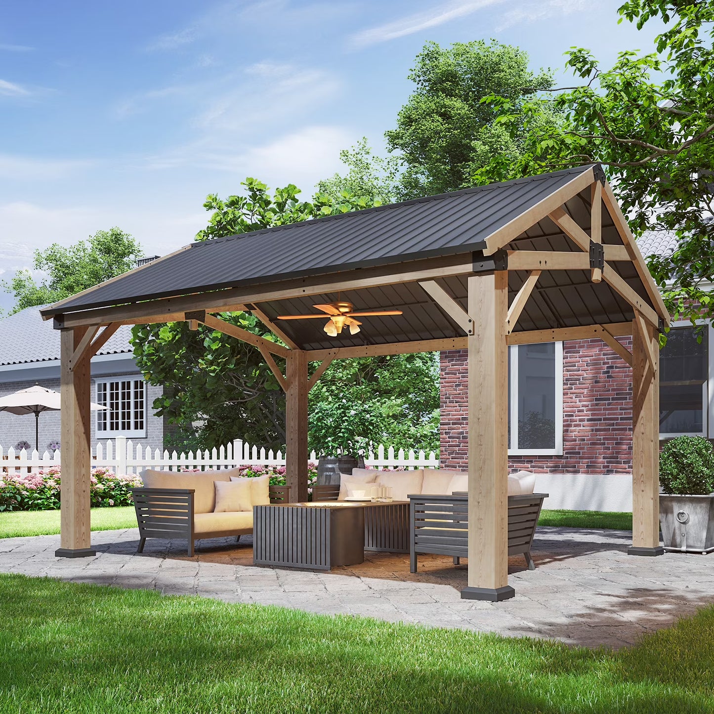 Aoxun 12' x 14' Outdoor Wood Gazebo, Hardtop Gazebo Permanent Wooden Pavilion with Galvanized Steel Gable Roof, for Patio, Garden, Backyard, Cedar Wood