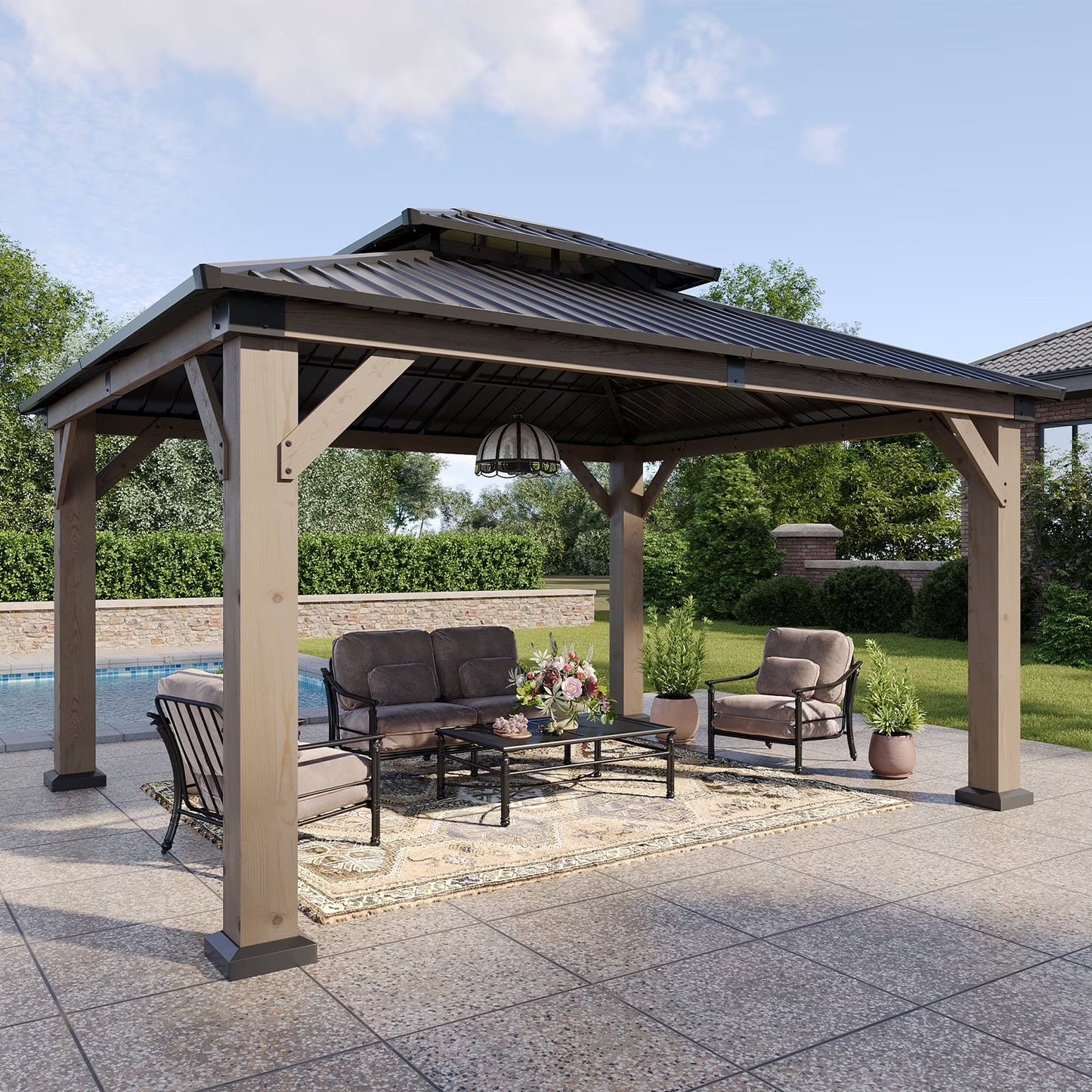 Aoxun 12' x 14' Outdoor Wood Gazebo, Hardtop Gazebo Permanent Wooden Pavilion with Galvanized Steel Double Roof, for Patio, Garden, Deck, Cedar Wood