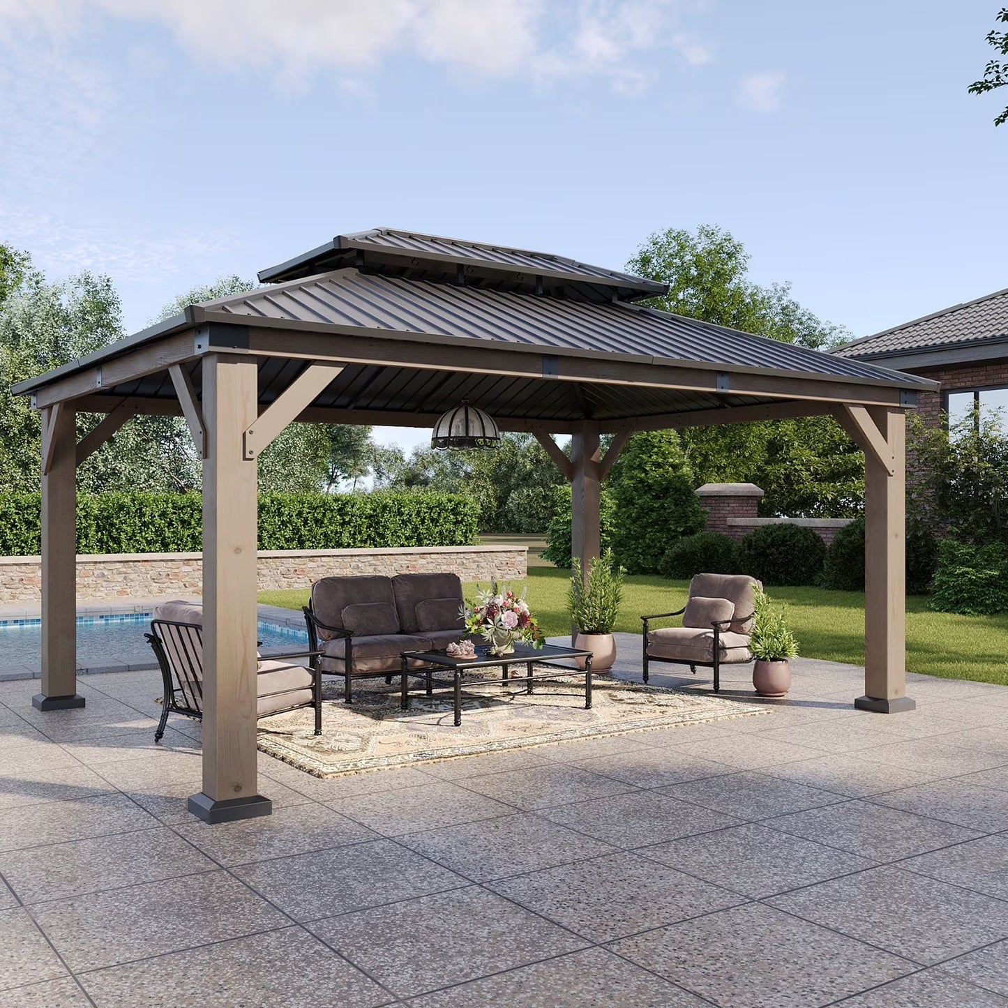 Aoxun 12' x 16' Outdoor Wood Gazebo, Hardtop Gazebo Permanent Wooden Pavilion with Galvanized Steel Double Roof, for Patio, Garden, Backyard, Cedar Wood