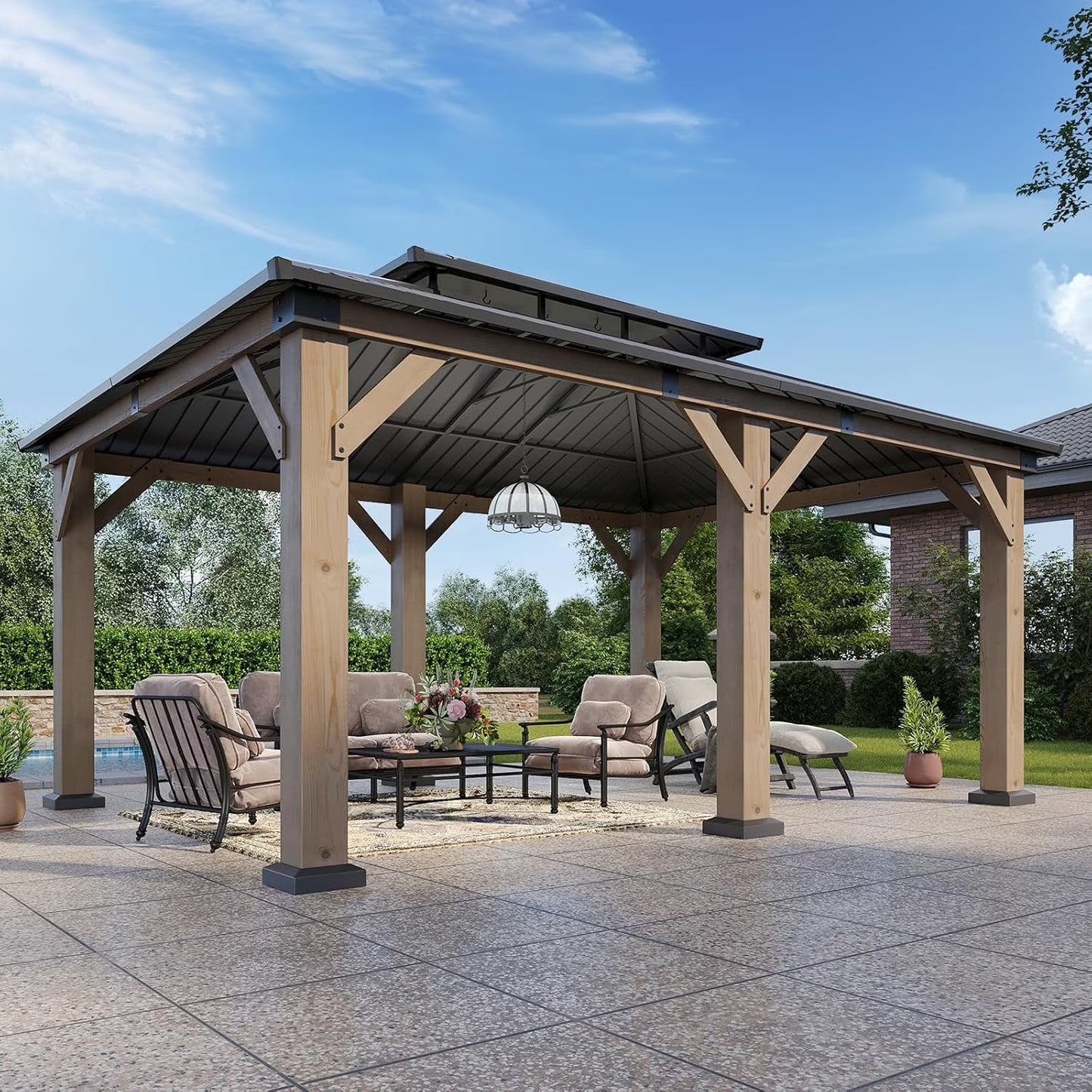 Aoxun 12' x 20' Outdoor Wood Gazebo, Hardtop Gazebo Permanent Wooden Pavilion with Galvanized Steel Double Roof, for Patio, Garden, Backyard, Cedar Wood