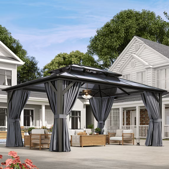 Aoxun 12'x16' Hardtop Gazebo, Aluminum Frame Permanent Pavilion with Curtains and Netting, Outdoor Polycarbonate Double Roof Canopy, Designed for Garden, Lawns, Patio