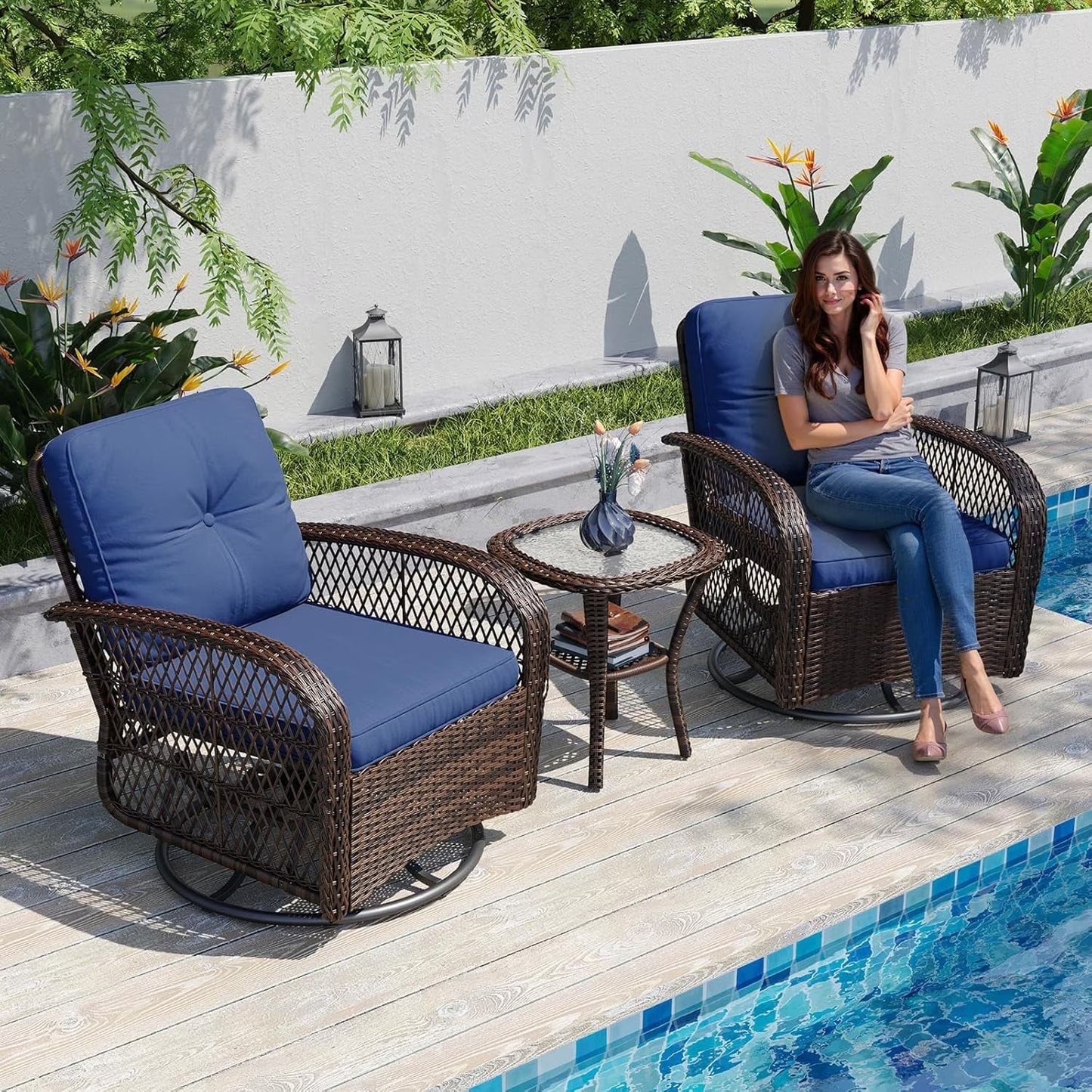 Aoxun 3 Pieces Patio Furniture Set, Patio Swivel Rocker Chairs Set of 2, Wicker Outdoor Bistro Set with Rocking Chair, Thickened Cushions and Table for Porch (Blue)