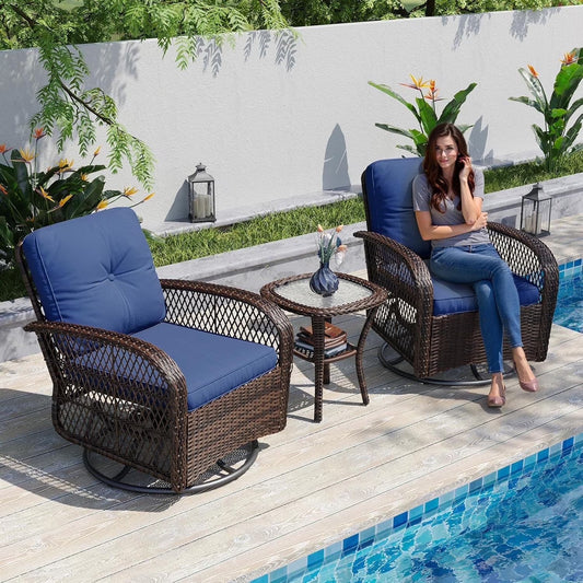 Aoxun 3 Pieces Patio Furniture Set, Patio Swivel Rocker Chairs Set of 2, Wicker Outdoor Bistro Set with Rocking Chair, Thickened Cushions and Table for Porch (Blue)