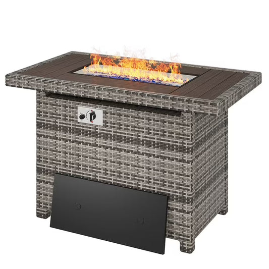 Aoxun 40'' Fire Pit Table 50,000 BTU Propane Gas Fire Pit Table W/ Cover, Glass Beads, Tank Holder, Gray Wicker