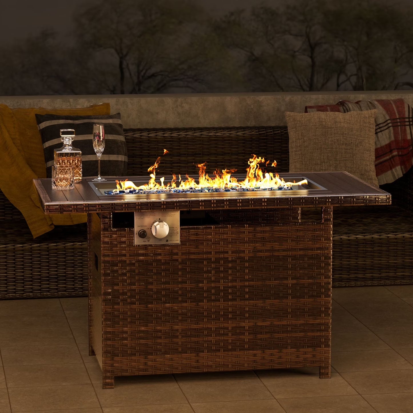 Aoxun 44" Outdoor Gas Fire Pit Table 60,000 BTU with Storage, Propane Fire Pit Table with Removable Lid & Waterproof Cover, for Outside Patio, Brown
