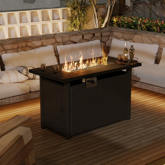 Aoxun 45" Outdoor Fire Table, 50,000 BTU Wicker Propane Fire Pit with Half-Sphere Glass Rocks and Aluminum Frame, Black