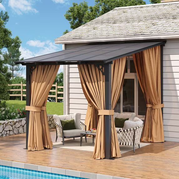 Aoxun 8'x10' Lean to Gazebo with Mosquito Net and Curtains, Aluminum Frame, Polycarbonate Panel, Wall Mounted Pergola with Sloped Roof for Backyard, Porch, Deck