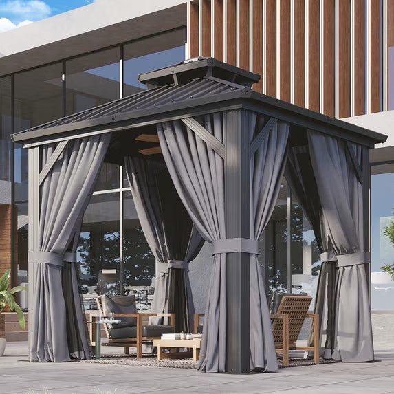 Aoxun 8'x8' Hardtop Gazebo, Aluminum Frame Gazebo with Double Galvanized Steel Roof, Outdoor Metal Pavilion with Netting and Curtains for Backyard, Gray