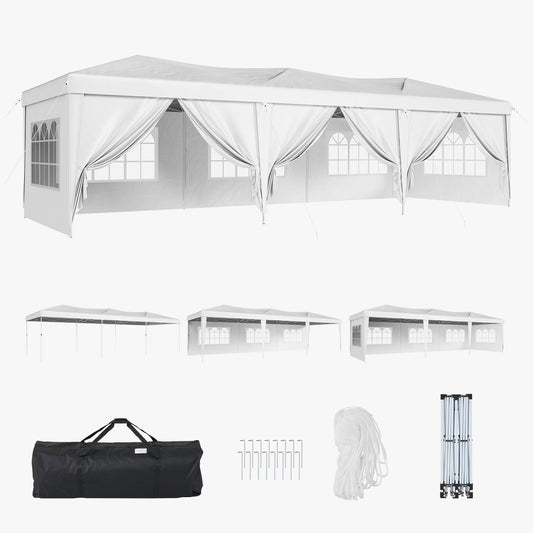 ClouDDwell 10x30ft Party Tent, Pop Up Canopy Tent with 8 Removable Sidewalls, Outdoor Canopy with 3 Adjustable Heights and 1 Carry Bag For Parties, Weddings,White