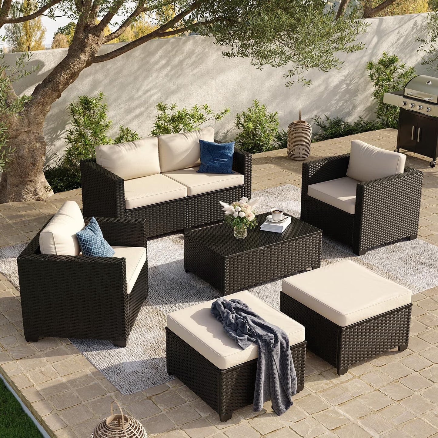 ClouddWell 4 Seat Outdoor Patio Furniture Set, Patio Conversation Sets with Thick Waterproof Cushions & Storage Coffee Table(Beige)