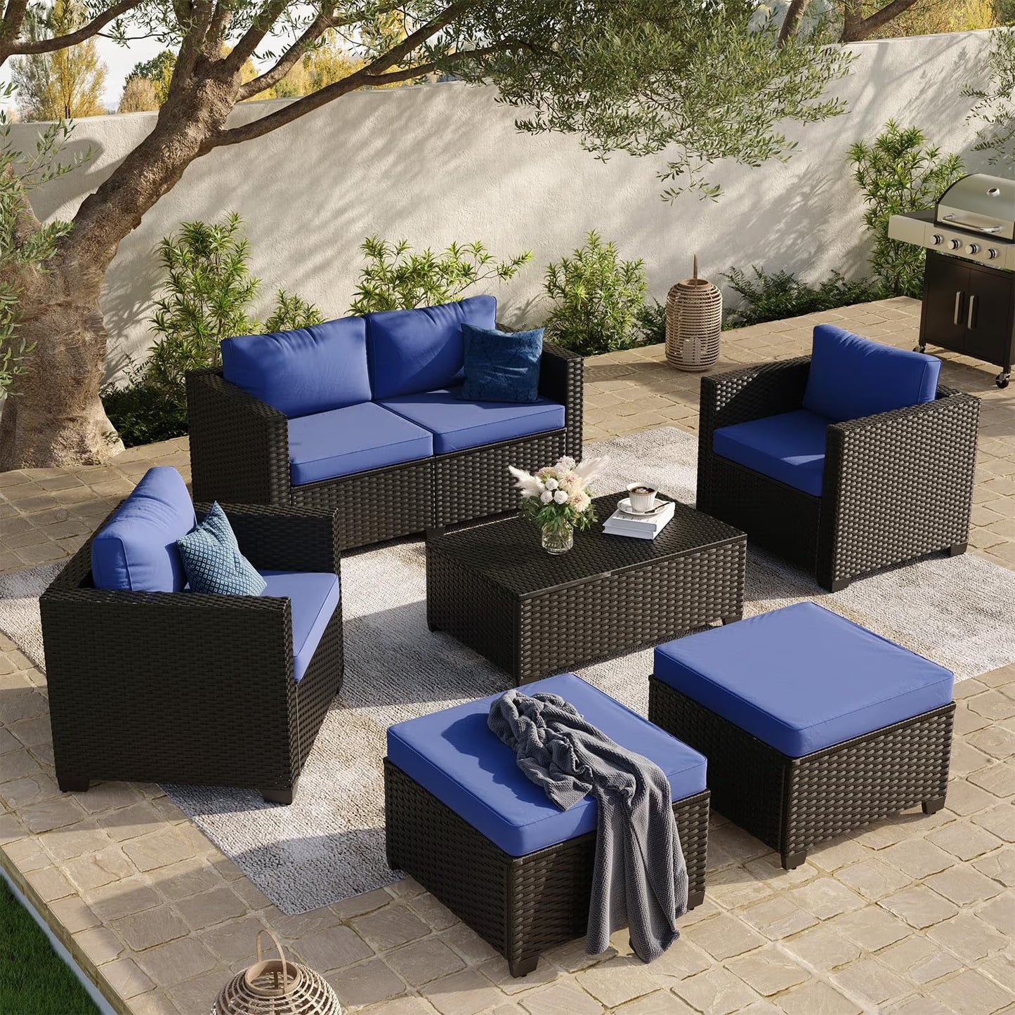 ClouddWell 4 Seat Outdoor Patio Furniture Set, Patio Conversation Sets with Thick Waterproof Cushions & Storage Coffee Table(Blue)