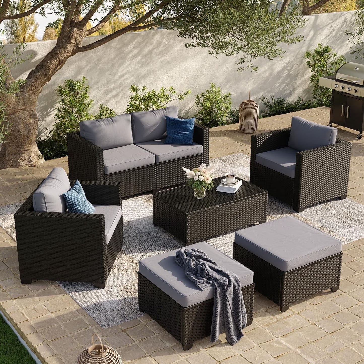 ClouddWell 4 Seat Outdoor Patio Furniture Set, Patio Conversation Sets with Thick Waterproof Cushions & Storage Coffee Table(Grey)