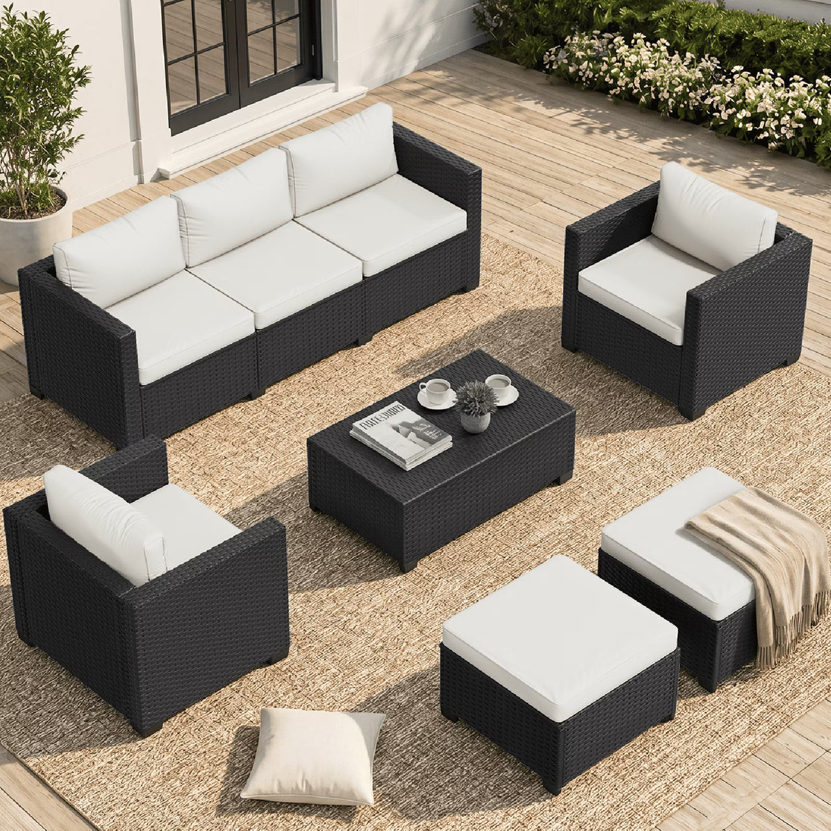 Clouddwell 7 Seats Patio Furniture Set with Storage Coffee Table, All Weather Wicker Outdoor Sectional With Thickened Cushion and Waterproof Cover, Beige