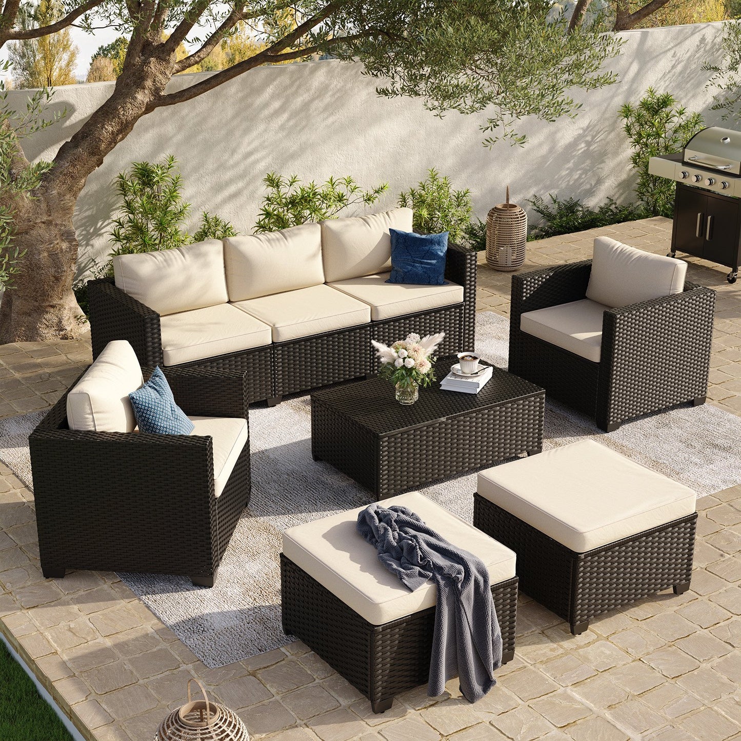 6 Piece Outdoor Wicker Patio Furniture Set, Rattan Sectional Sofa Sets with Beige Cushions