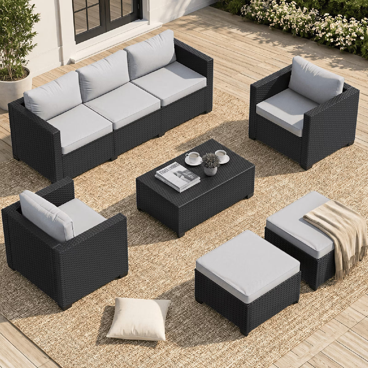 Clouddwell 7 Seats Patio Furniture Set with Storage Coffee Table, All Weather Wicker Outdoor Sectional With Thickened Cushion and Waterproof Cover, Gray