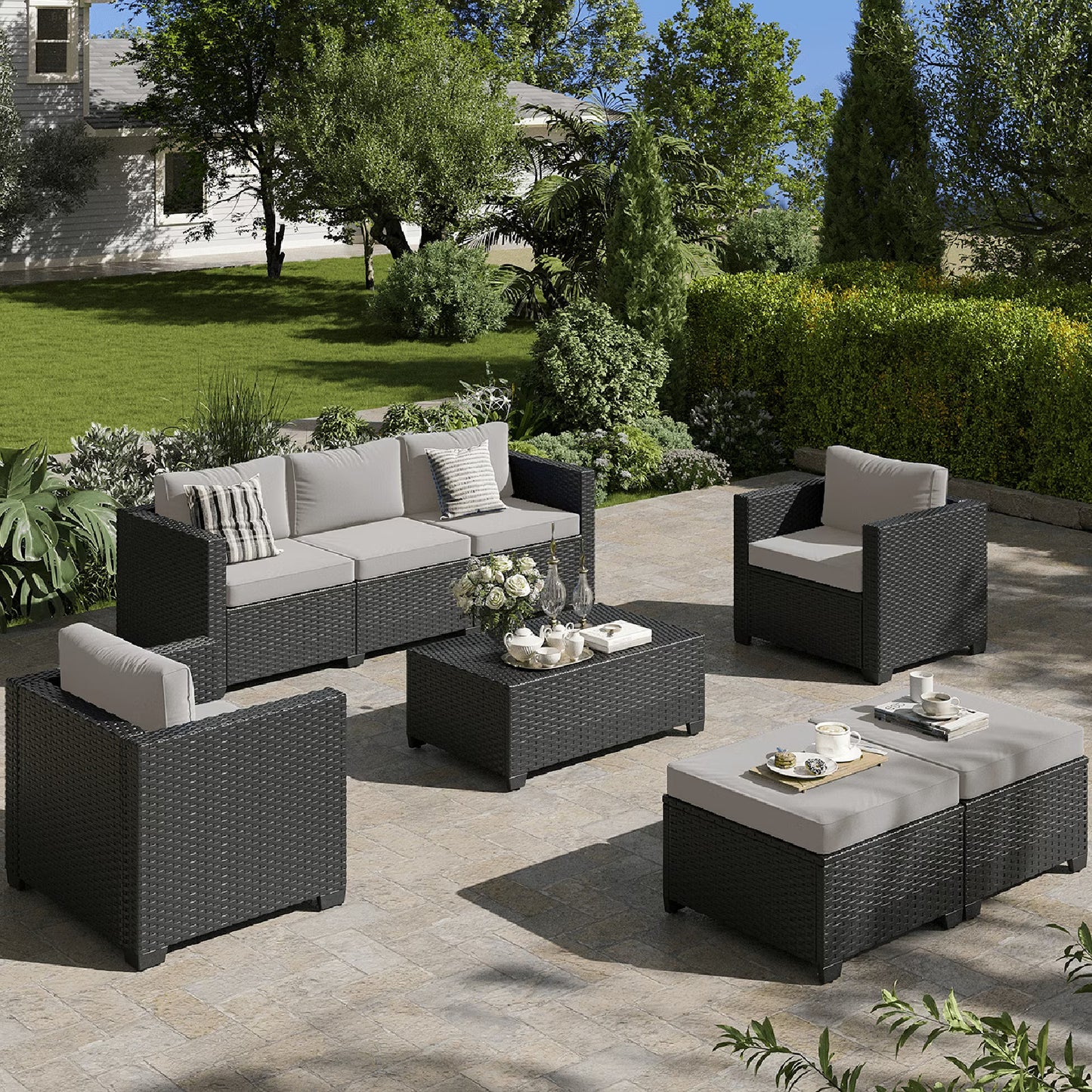 ClouddWell 6 Seat Outdoor Patio Furniture Set, Patio Conversation Sets with Thick Waterproof Cushions & Storage Coffee Table(Grey)