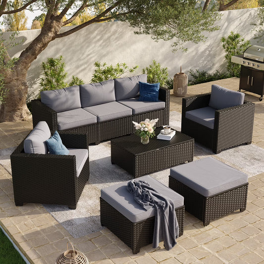 6 Piece Outdoor Wicker Patio Furniture Set, Rattan Sectional Sofa Sets with Grey Cushions