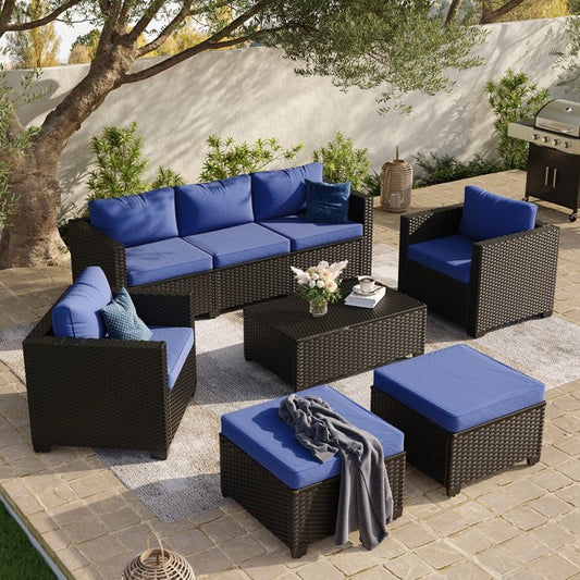 6 Piece Outdoor Wicker Patio Furniture Set, Rattan Sectional Sofa Sets with Navy Blue Cushions