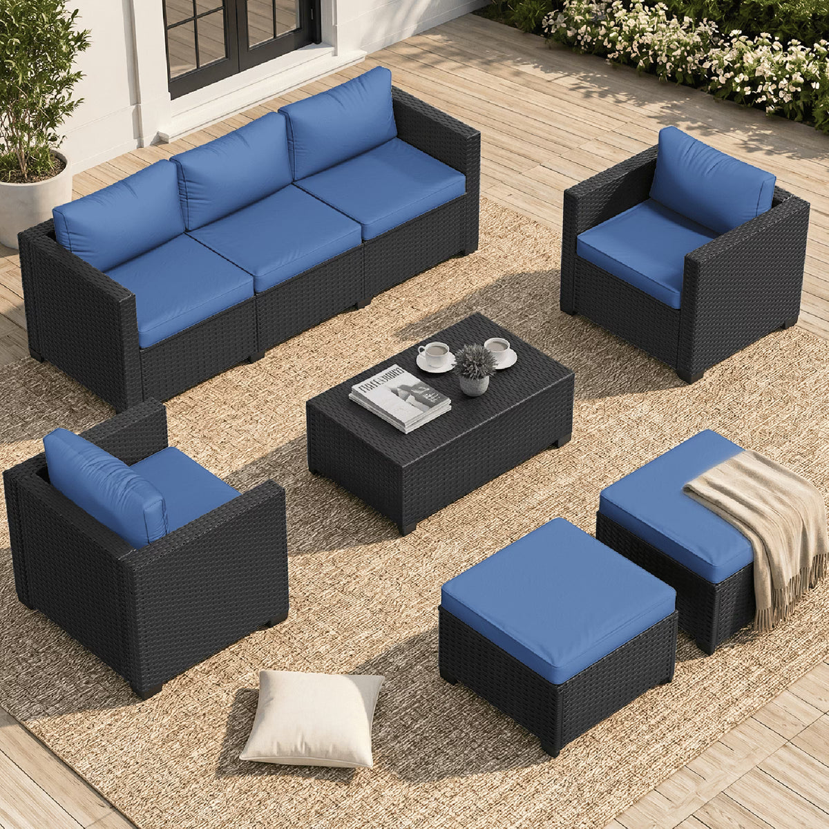 Clouddwell 7 Seats Patio Furniture Set with Storage Coffee Table, All Weather Wicker Outdoor Sectional With Thickened Cushion and Waterproof Cover, Blue