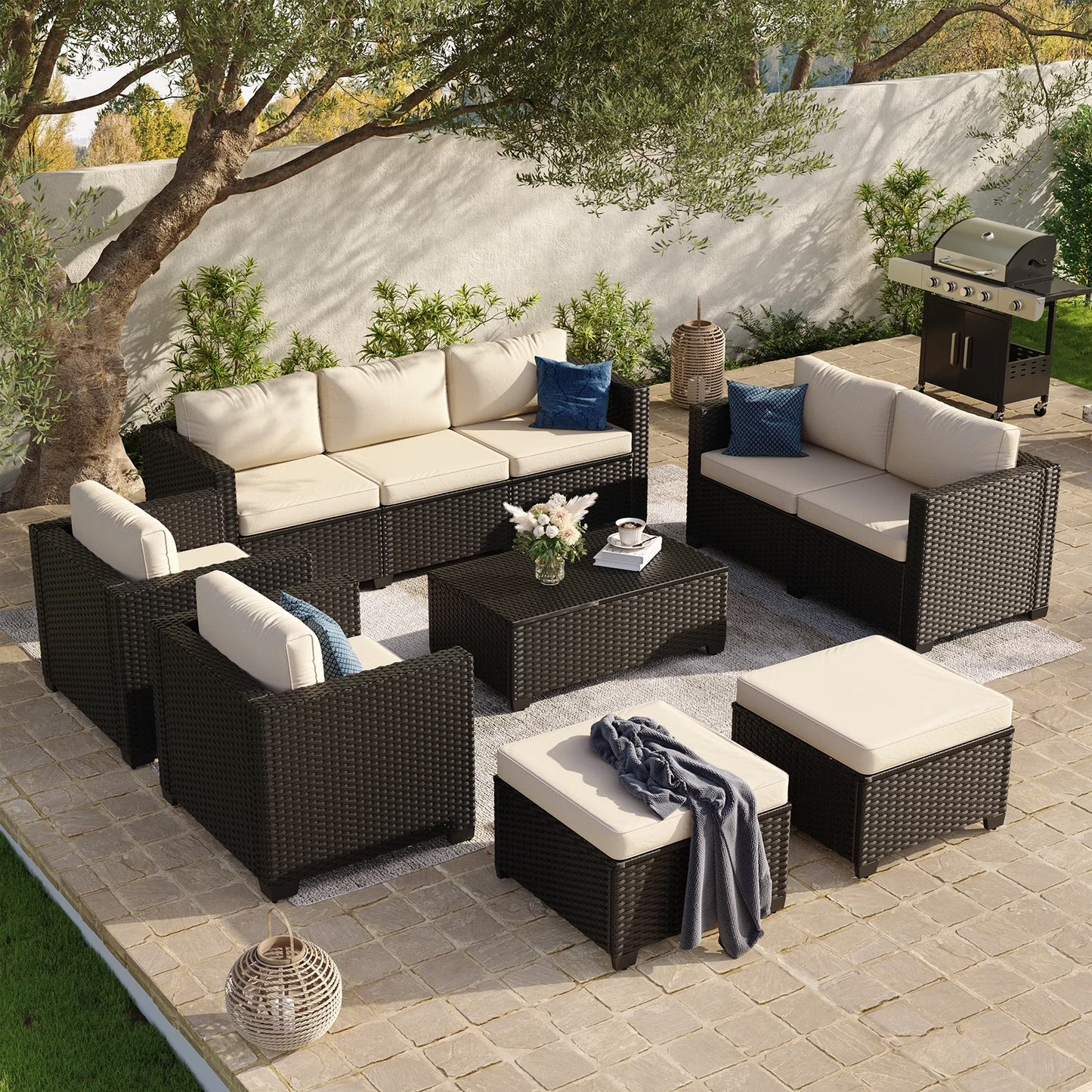 7 Piece Outdoor Wicker Patio Furniture Set, Rattan Sectional Sofa Sets with Beige Cushions