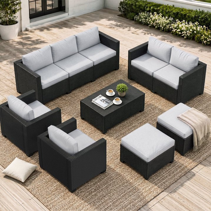 Clouddwell 9 Seats Patio Furniture Set with Storage Coffee Table, All Weather Wicker Outdoor Sectional With Thickened Cushion and Waterproof Cover, Gray