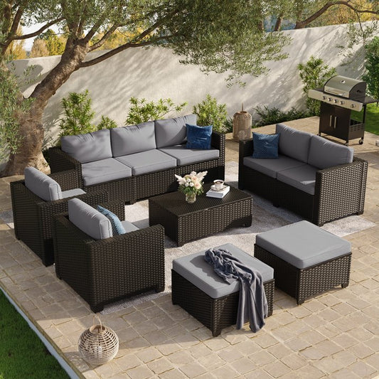 7 Piece Outdoor Wicker Patio Furniture Set, Rattan Sectional Sofa Sets with Grey Cushions