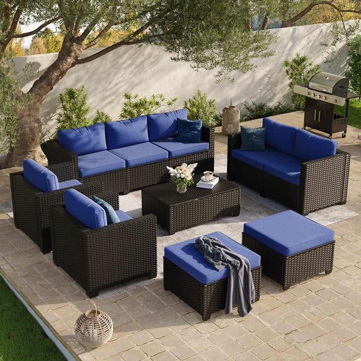 7 Piece Outdoor Wicker Patio Furniture Set, Rattan Sectional Sofa Sets with Navy Blue Cushions