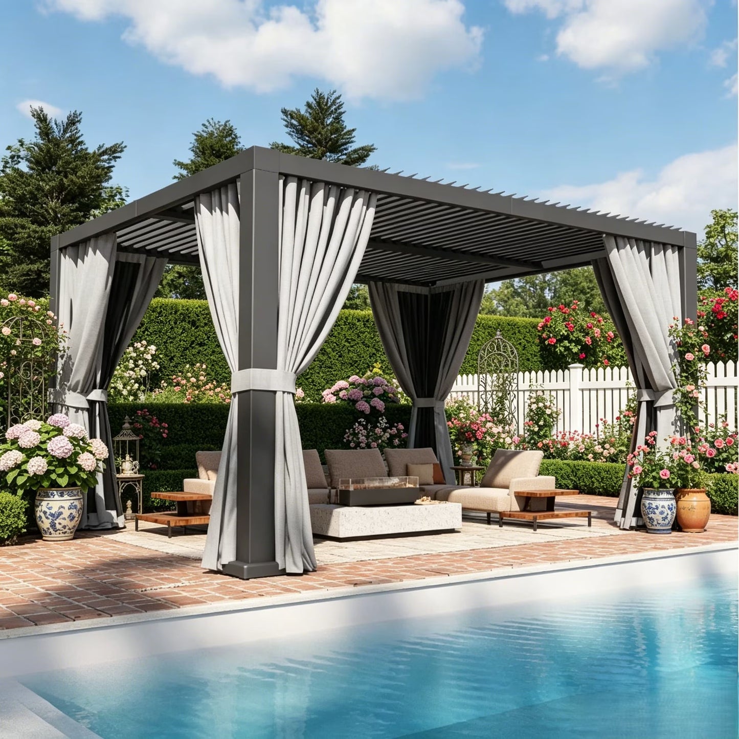 Clouddwell 10' × 10' Adjustable Louvered Pergola, Outdoor Aluminum Pergola with Curtains & Netting for Backyard, Deck & Poolside, Gray