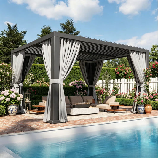 Clouddwell 10' × 10' Adjustable Louvered Pergola, Outdoor Aluminum Pergola with Curtains & Netting for Backyard, Deck & Poolside, Gray