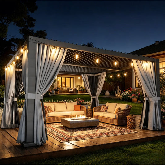 Clouddwell 10' × 12' Adjustable Louvered Pergola, Outdoor Aluminum Pergola with Curtains & Netting for Backyard, Deck & Poolside, Gray