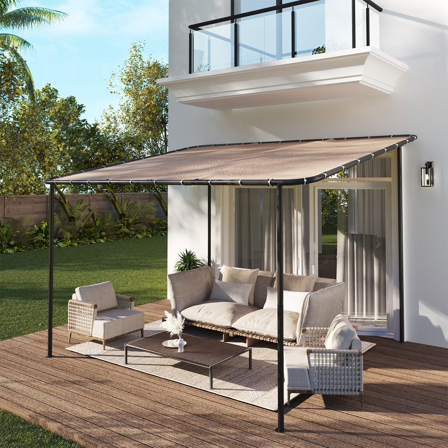 Clouddwell 10×12 FT Wall-Mounted Sloped Roof Outdoor Pergola Canopy, Water-Resistant & UV-Resistant Metal Patio Gazebo for Backyard Garden Porch in Khaki